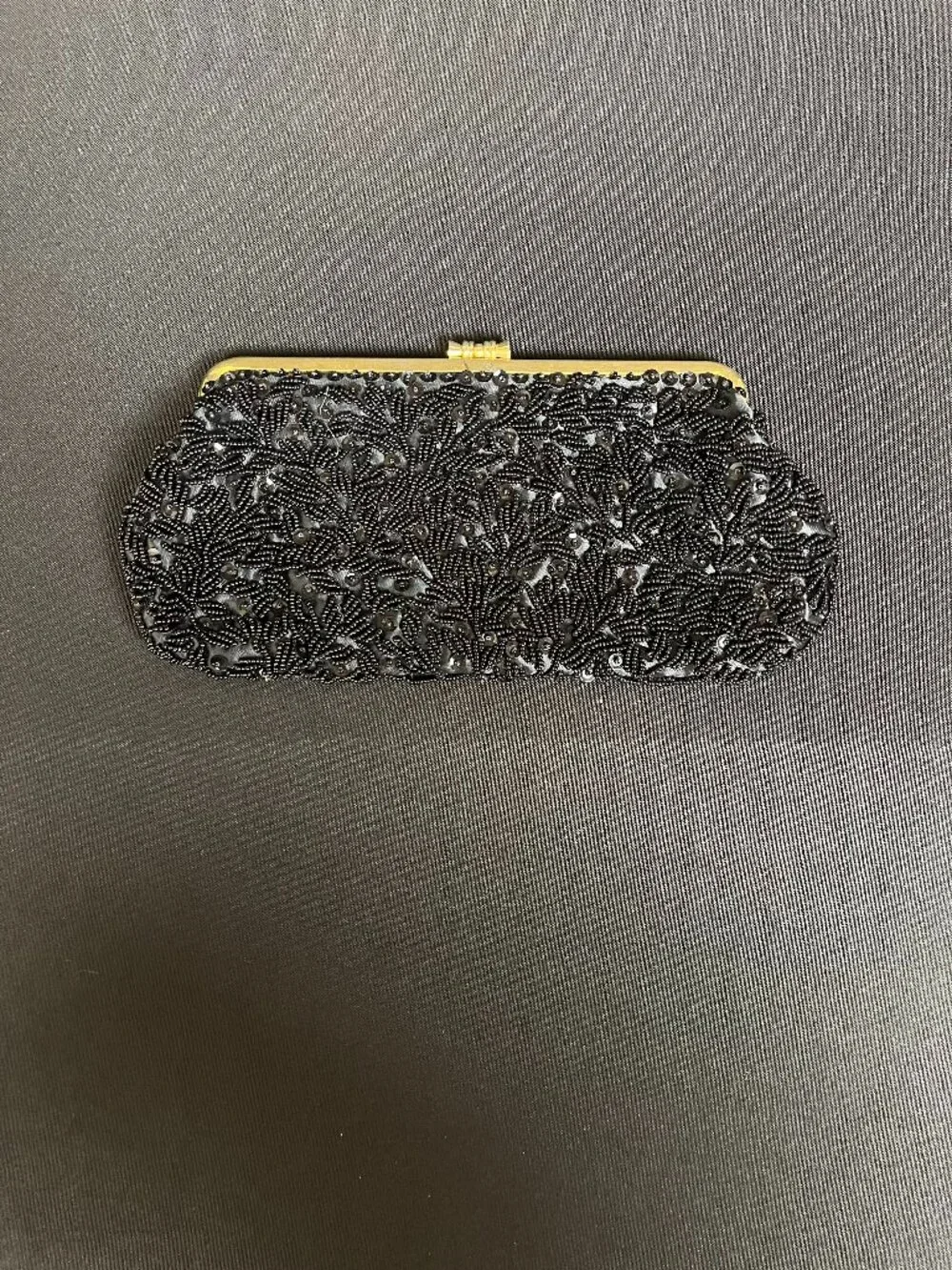 Vintage Black Beaded Sequined Kiss Lock Evening Bag Clutch Purse